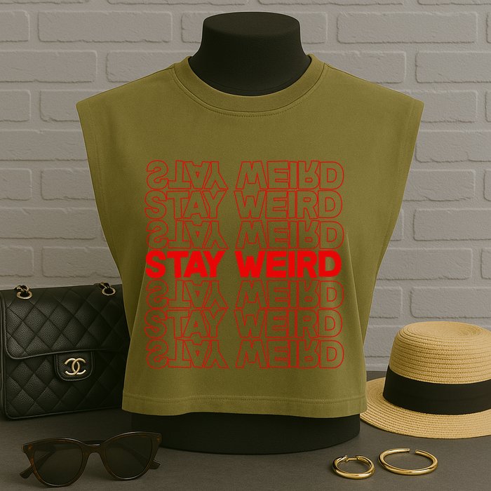 Stay Weird Text Pattern Garment-Dyed Women's Muscle Tee