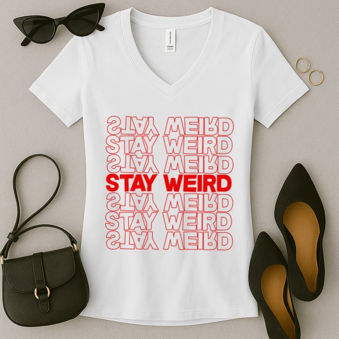 Stay Weird Text Pattern Women's V-Neck T-Shirt