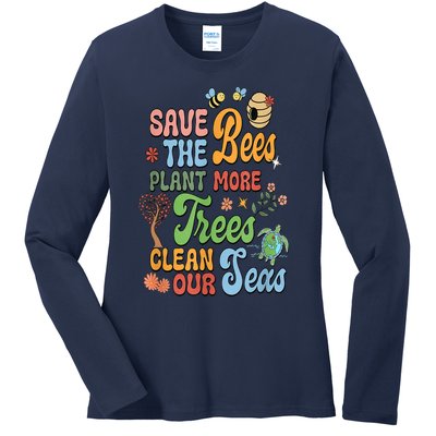 Save The Bees Plant More Trees Climate Change Funny Earth Ladies Long Sleeve Shirt