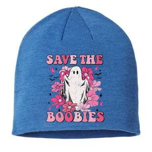 Save The Boobies Pink Ghost Woman Breast Cancer Halloween Sustainable Beanie