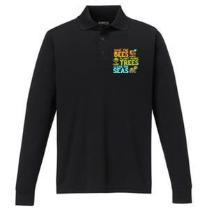 Save The Bees Plant More Trees Clean The Seas Earth Day Gift Performance Long Sleeve Polo