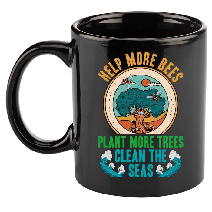 Save The Bees Trees And Oceans Earth Day Meaningful Gift 11oz C Handle Ceramic Mug