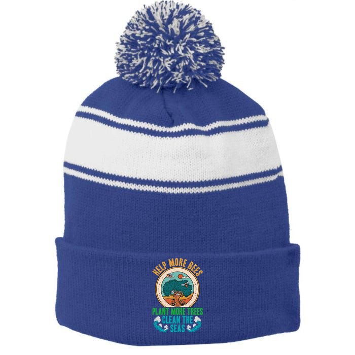 Save The Bees Trees And Oceans Earth Day Meaningful Gift Stripe Pom Pom Beanie