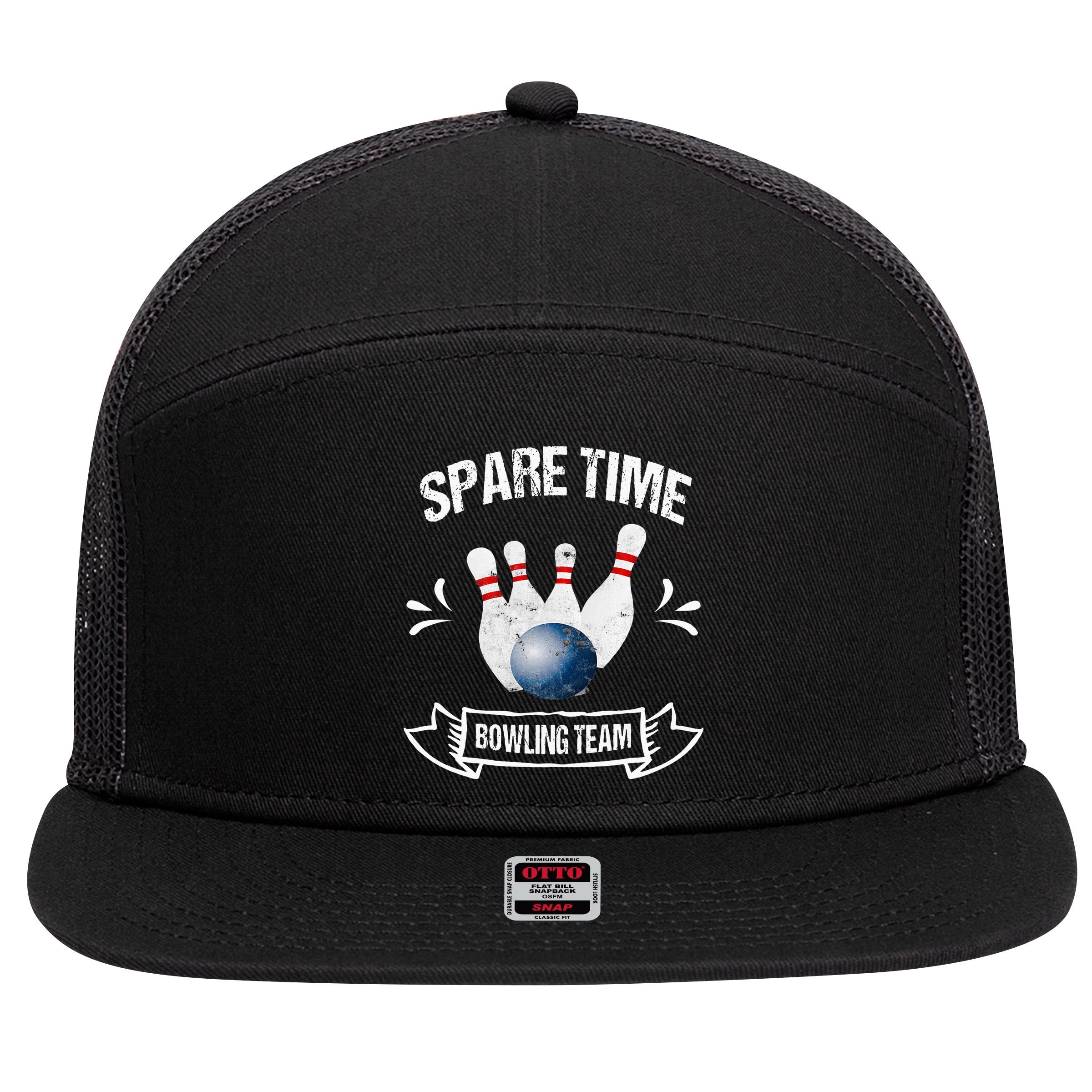 Spare Time Bowling Team Funny Bowling 7 Panel Mesh Trucker Snapback Hat