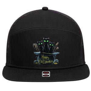 Spooky Trio Black Cats In A Cauldron Halloween 7 Panel Mesh Trucker Snapback Hat