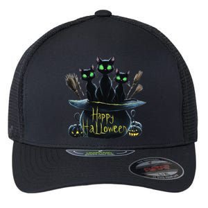 Spooky Trio Black Cats In A Cauldron Halloween Flexfit Unipanel Trucker Cap