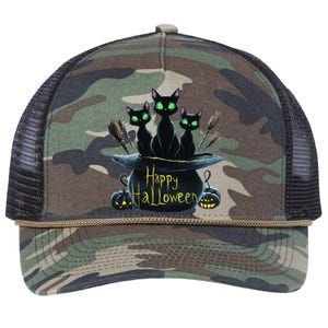 Spooky Trio Black Cats In A Cauldron Halloween Retro Rope Trucker Hat Cap