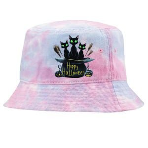 Spooky Trio Black Cats In A Cauldron Halloween Tie-Dyed Bucket Hat