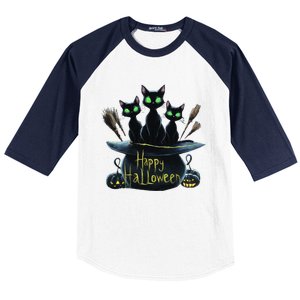 Spooky Trio Black Cats In A Cauldron Halloween Baseball Sleeve Shirt