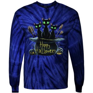 Spooky Trio Black Cats In A Cauldron Halloween Tie-Dye Long Sleeve Shirt