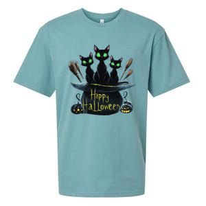 Spooky Trio Black Cats In A Cauldron Halloween Sueded Cloud Jersey T-Shirt