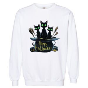 Spooky Trio Black Cats In A Cauldron Halloween Garment-Dyed Sweatshirt