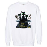 Spooky Trio Black Cats In A Cauldron Halloween Garment-Dyed Sweatshirt