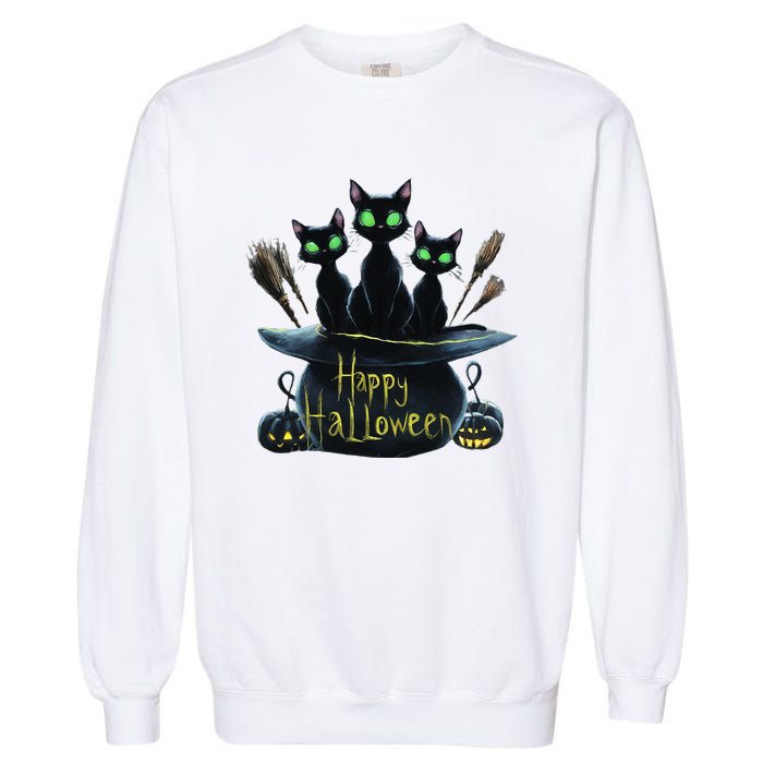 Spooky Trio Black Cats In A Cauldron Halloween Garment-Dyed Sweatshirt