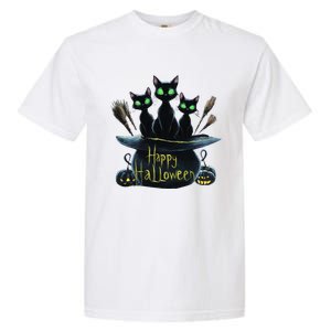 Spooky Trio Black Cats In A Cauldron Halloween Garment-Dyed Heavyweight T-Shirt