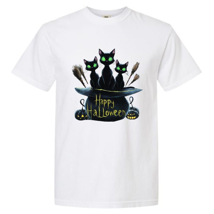 Spooky Trio Black Cats In A Cauldron Halloween Garment-Dyed Heavyweight T-Shirt