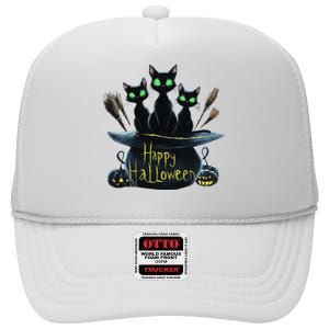 Spooky Trio Black Cats In A Cauldron Halloween High Crown Mesh Back Trucker Hat