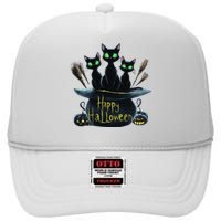 Spooky Trio Black Cats In A Cauldron Halloween High Crown Mesh Back Trucker Hat