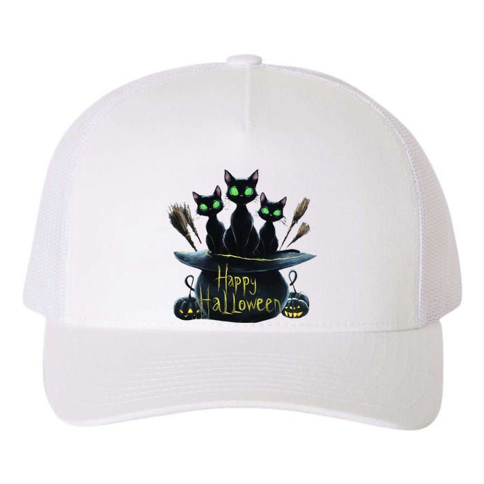 Spooky Trio Black Cats In A Cauldron Halloween Yupoong Adult 5-Panel Trucker Hat