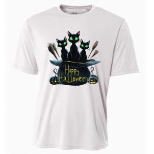 Spooky Trio Black Cats In A Cauldron Halloween Cooling Performance Crew T-Shirt