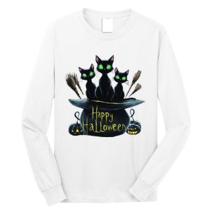 Spooky Trio Black Cats In A Cauldron Halloween Long Sleeve Shirt