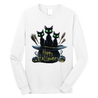 Spooky Trio Black Cats In A Cauldron Halloween Long Sleeve Shirt