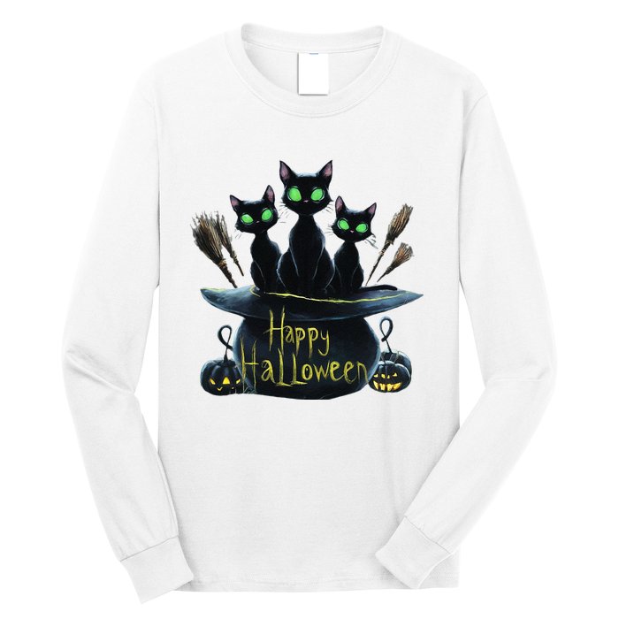 Spooky Trio Black Cats In A Cauldron Halloween Long Sleeve Shirt