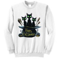 Spooky Trio Black Cats In A Cauldron Halloween Sweatshirt