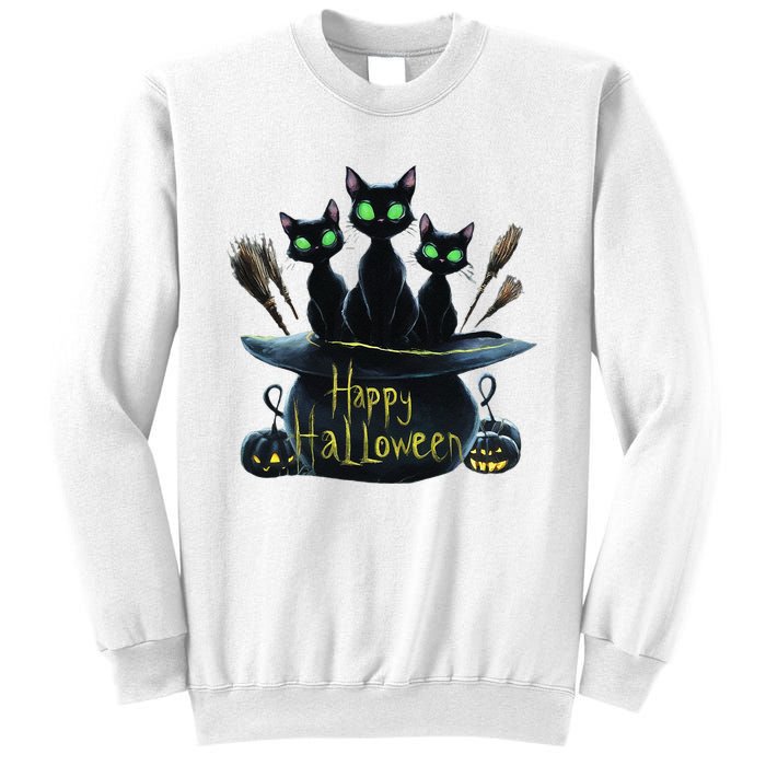 Spooky Trio Black Cats In A Cauldron Halloween Sweatshirt