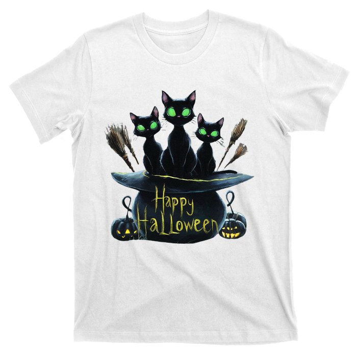 Spooky Trio Black Cats In A Cauldron Halloween T-Shirt