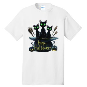 Spooky Trio Black Cats In A Cauldron Halloween Tall T-Shirt