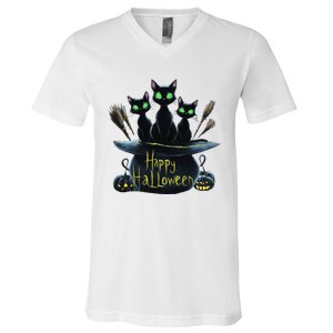 Spooky Trio Black Cats In A Cauldron Halloween V-Neck T-Shirt