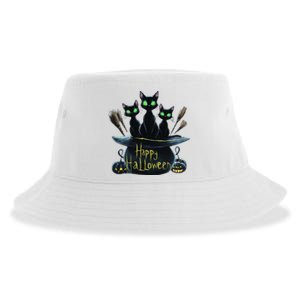 Spooky Trio Black Cats In A Cauldron Halloween Sustainable Bucket Hat