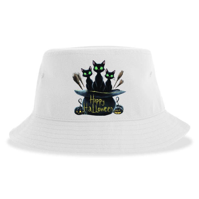 Spooky Trio Black Cats In A Cauldron Halloween Sustainable Bucket Hat