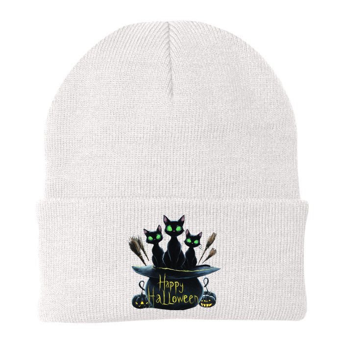 Spooky Trio Black Cats In A Cauldron Halloween Knit Cap Winter Beanie