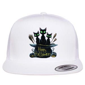 Spooky Trio Black Cats In A Cauldron Halloween Flat Bill Trucker Hat