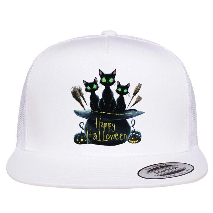 Spooky Trio Black Cats In A Cauldron Halloween Flat Bill Trucker Hat