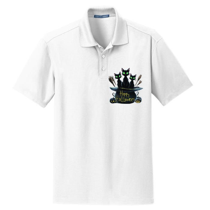 Spooky Trio Black Cats In A Cauldron Halloween Dry Zone Grid Polo