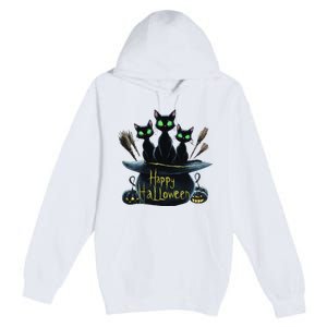 Spooky Trio Black Cats In A Cauldron Halloween Premium Pullover Hoodie