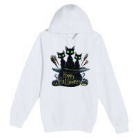 Spooky Trio Black Cats In A Cauldron Halloween Premium Pullover Hoodie