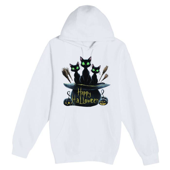 Spooky Trio Black Cats In A Cauldron Halloween Premium Pullover Hoodie