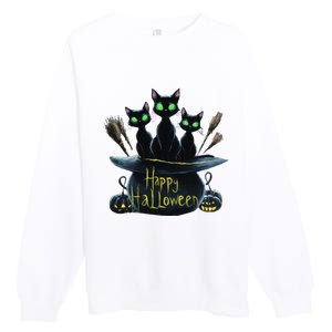 Spooky Trio Black Cats In A Cauldron Halloween Premium Crewneck Sweatshirt