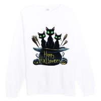 Spooky Trio Black Cats In A Cauldron Halloween Premium Crewneck Sweatshirt