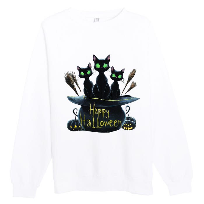 Spooky Trio Black Cats In A Cauldron Halloween Premium Crewneck Sweatshirt