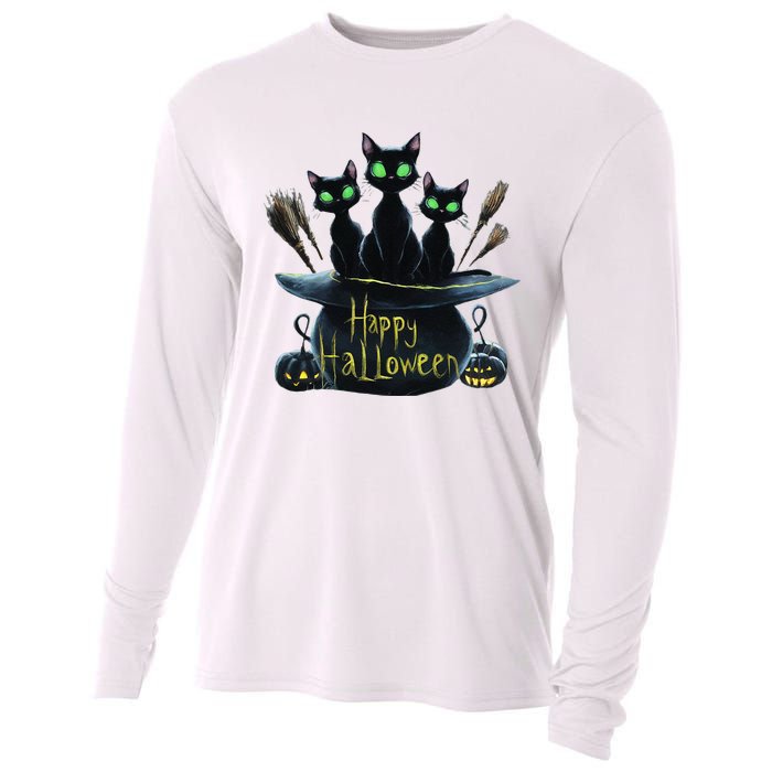 Spooky Trio Black Cats In A Cauldron Halloween Cooling Performance Long Sleeve Crew