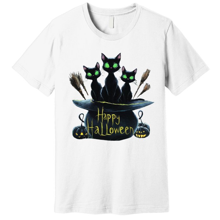 Spooky Trio Black Cats In A Cauldron Halloween Premium T-Shirt