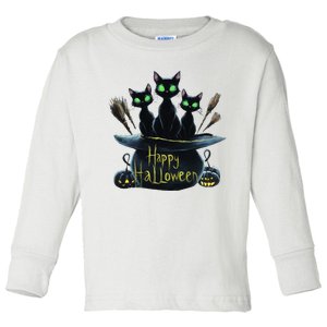 Spooky Trio Black Cats In A Cauldron Halloween Toddler Long Sleeve Shirt