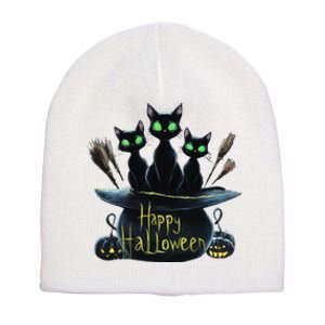 Spooky Trio Black Cats In A Cauldron Halloween Short Acrylic Beanie