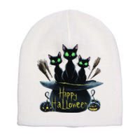 Spooky Trio Black Cats In A Cauldron Halloween Short Acrylic Beanie