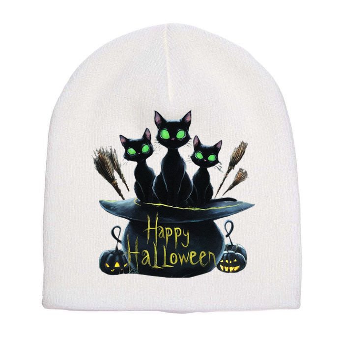 Spooky Trio Black Cats In A Cauldron Halloween Short Acrylic Beanie